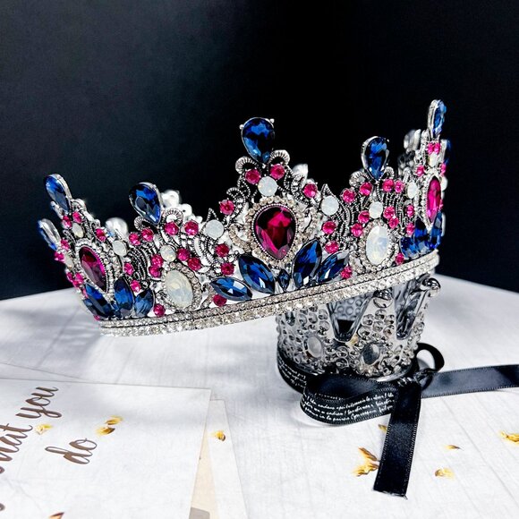 Purple Crown, Royal Queen Crown, Princess Birthday Crown, Blue Crystal Crown - Picture 2 of 9